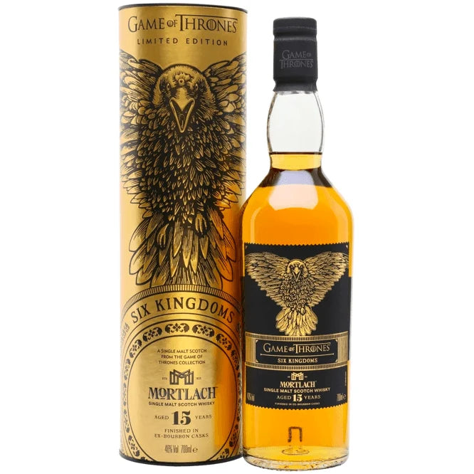 Game of Thrones Six Kingdoms Mortlach 15 Year Old Single Malt Scotch Whisky 750ml gold tube with Three-Eyed Raven