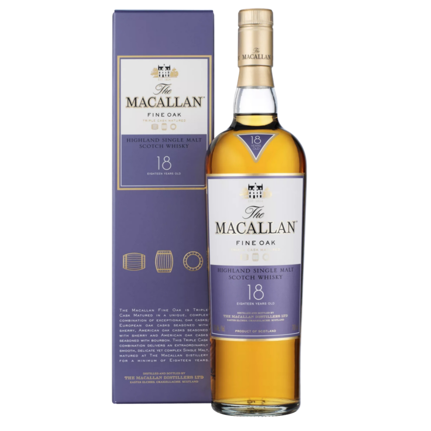 Macallan 18-year-old whisky bottle and box on a white background