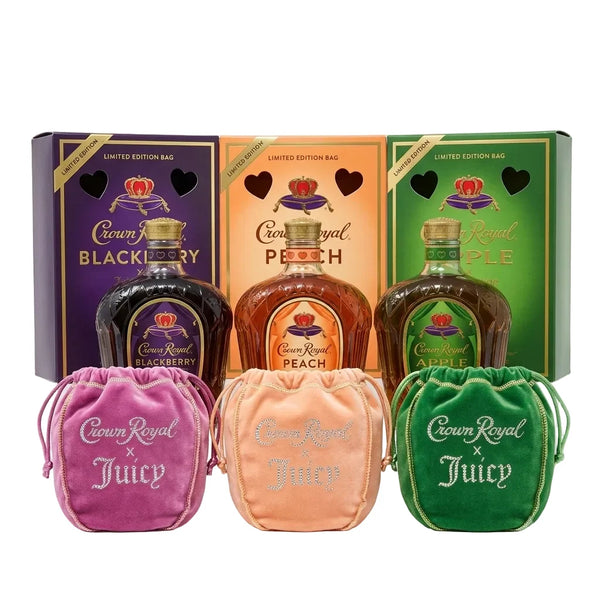 Crown Royal x Juicy Couture Flavored Canadian Whisky 3-Pack Apple Peach Blackberry velour bags